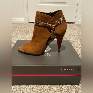 Vince Camuto Cognac Suede Peep-Toe Ankle Booties with Braided Wrap.
